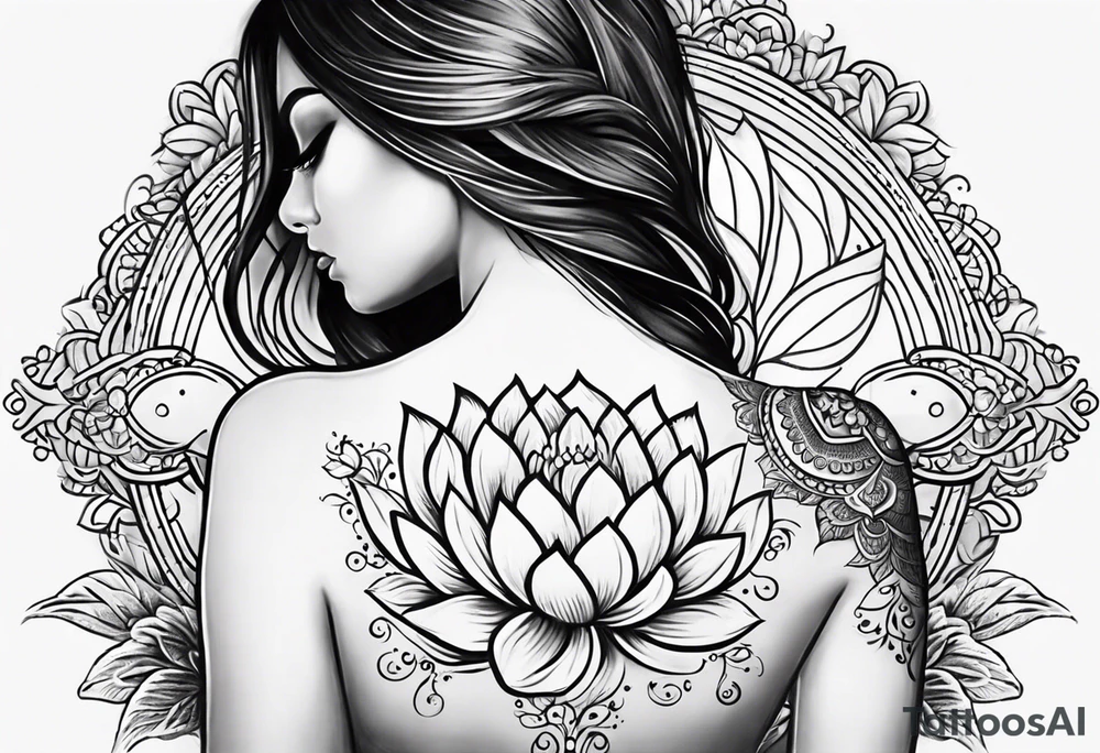 Small Floating lotus upper back with florals and henna to each shoulder tattoo idea