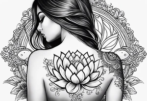 Small Floating lotus upper back with florals and henna to each shoulder tattoo idea