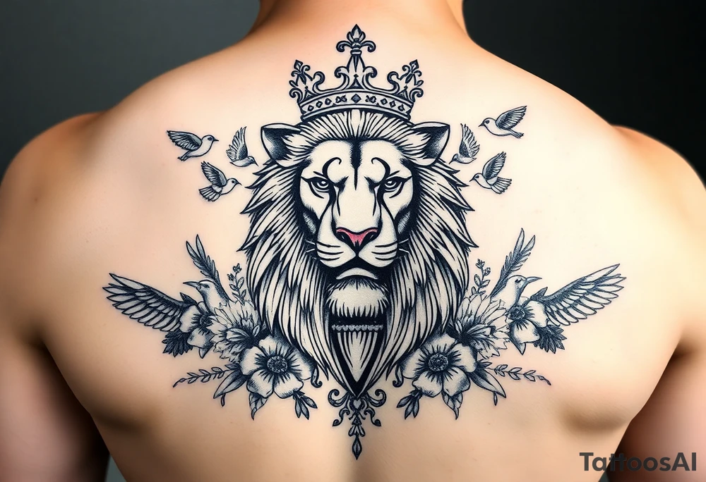 powerful majestic lion with a crown, surrounded by floral ornaments and birds tattoo idea