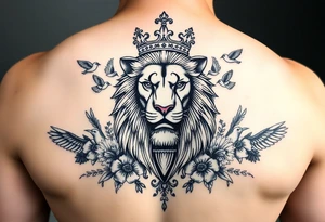 powerful majestic lion with a crown, surrounded by floral ornaments and birds tattoo idea