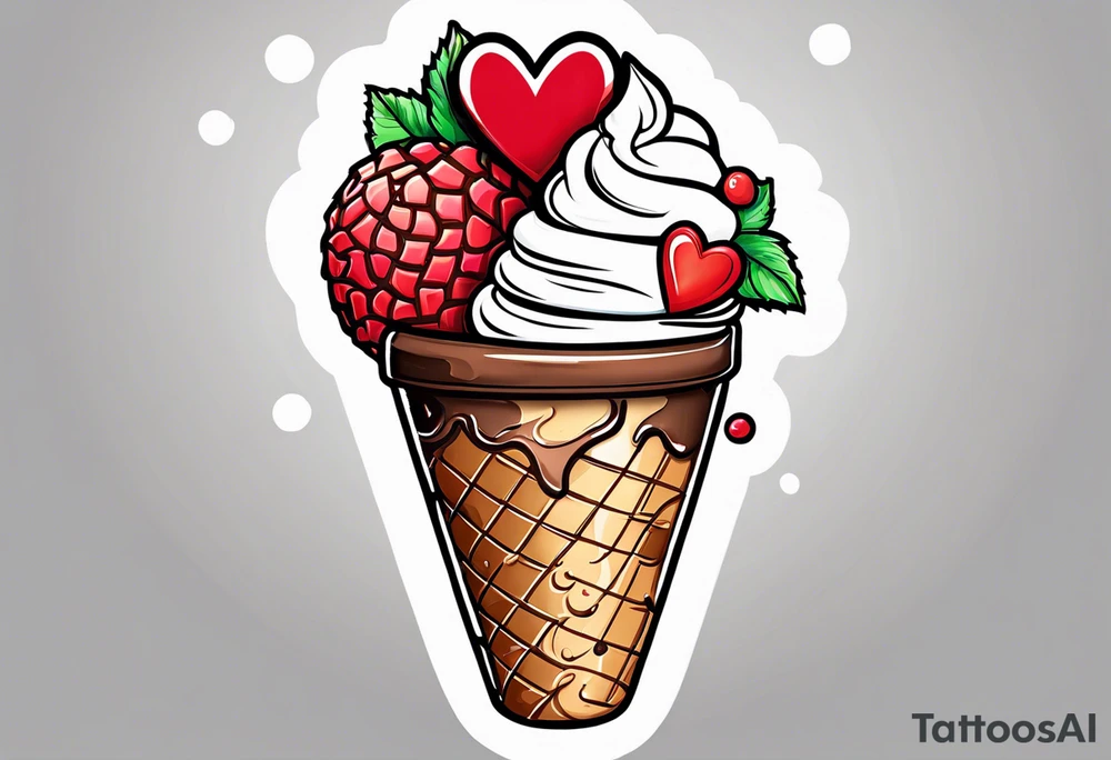sketch chocolate chip ice cream cone with one red heart tattoo idea