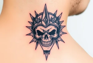 A skull crowned with a spiked helmet, surrounded by a dark aura, in shades of grey and silver, symbolizing strength and defiance tattoo idea