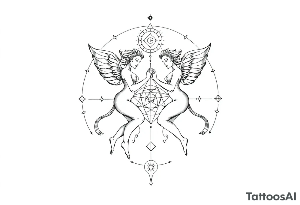 intricate Gemini zodiac with sacred geometry and cosmic elements tattoo idea