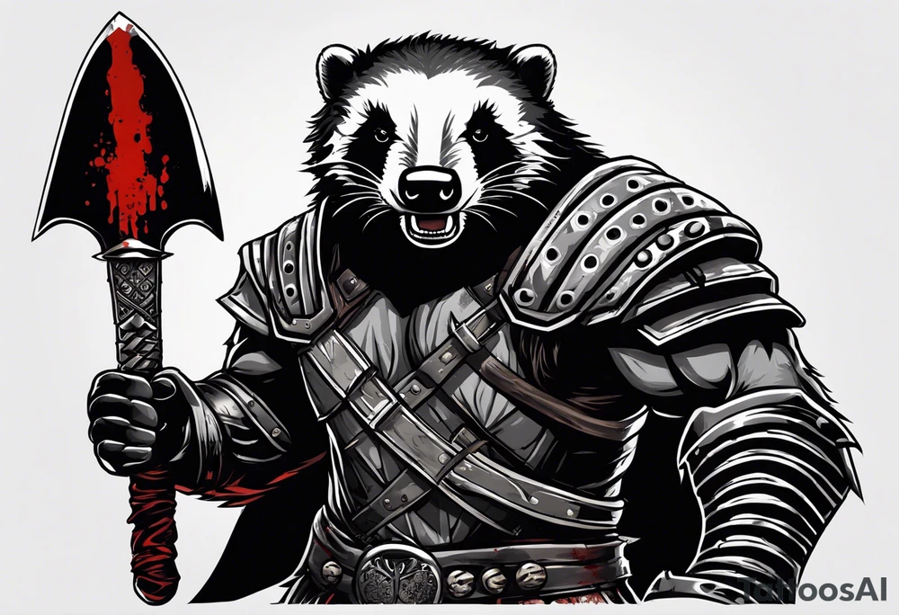 Draw me psychopath Honey Badger/Berserker with aggressive full body, killer face with a scary smile, very long nails and he attacks like a Bloody Assassin/Warrior/Gladiator to us and also, he has very deadly looking. He fights with his nails. Everybody scares after their first sight. Give me horror type Badger Tattoo. I want to see his Realistic full body with no weapons. You can show destruction. tattoo idea