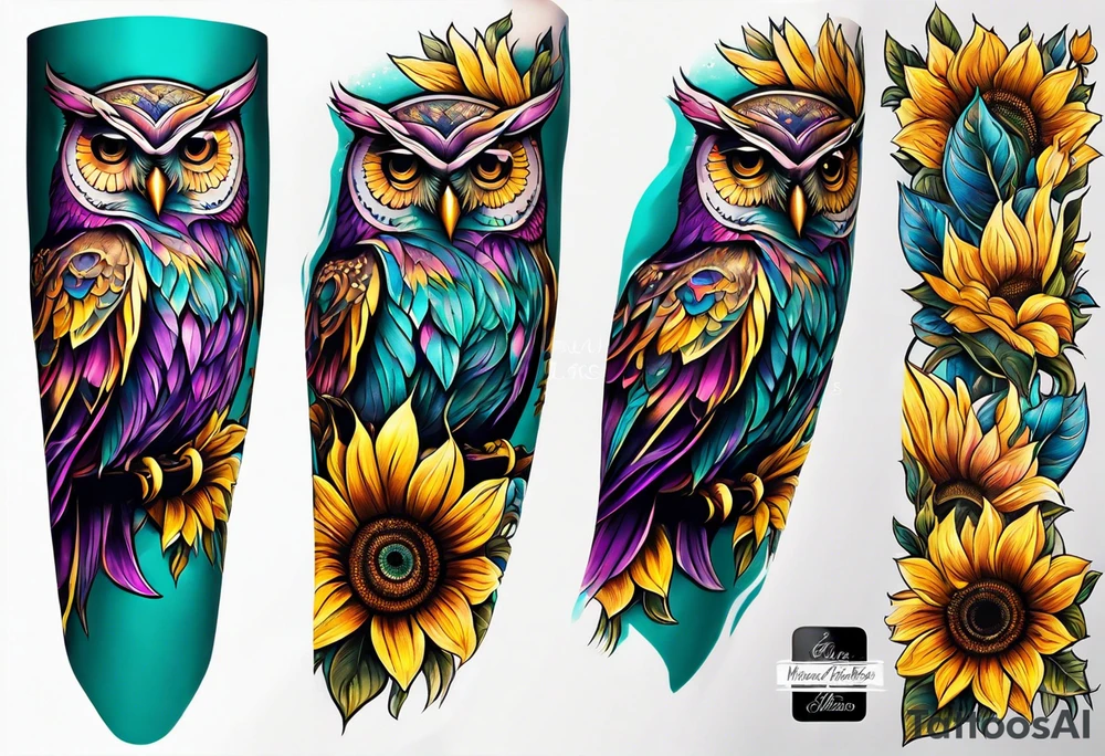 Leg Sleeve with teal, pink and purple owl and yellow sunflowers tattoo idea