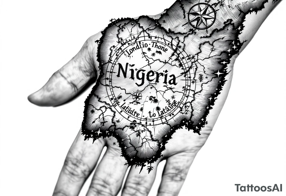 Compass on the back of the palm in the shape of Nigeria with longitude written on the top and latitude written on the bottom. Draw lines from a treasure map connecting from the arm to the tattoo tattoo idea