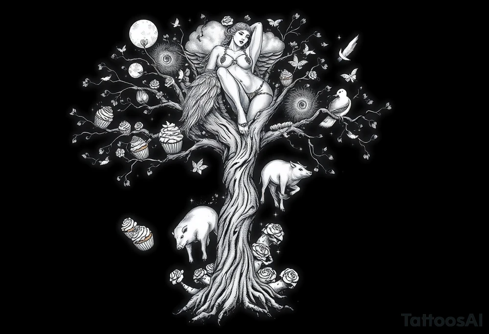 mystical tree with  and celestial branches fat naked sexy woman , peacock , pig , cupcakes, liquor, cigerette, Storm clouds, pig, peacock , fat sexy naked fat woman, cake,  noose , money, goat lion, man having sex, cigerette, storm lightening, killing, darkness death, violent majestic creatures tattoo idea