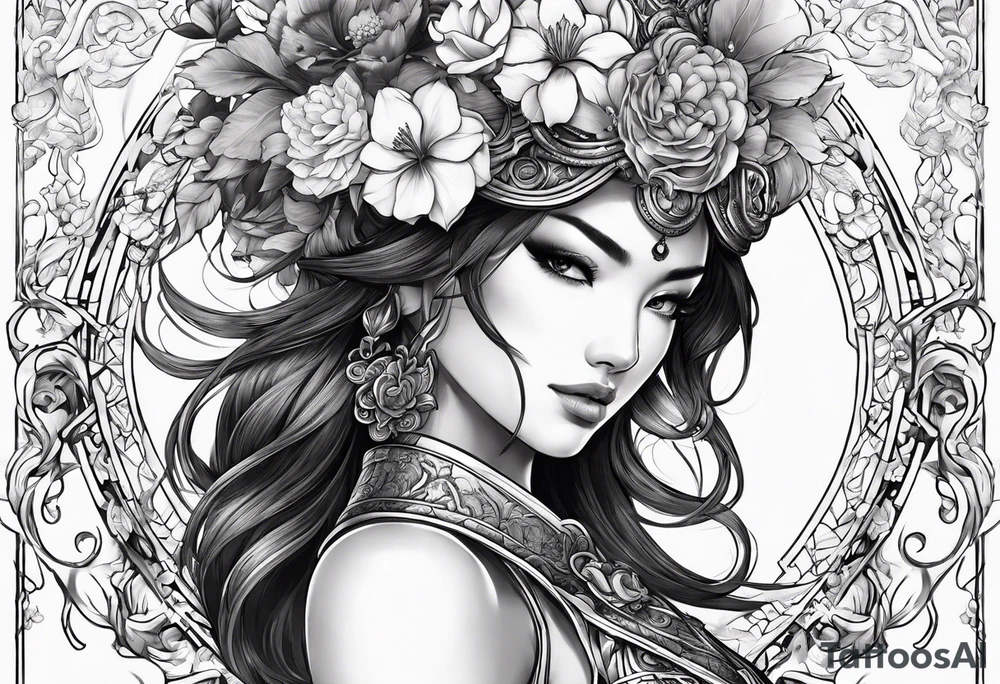 ornate beautiful woman warrior with weapon & floral surrounding tattoo from head to torso tattoo idea