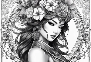 ornate beautiful woman warrior with weapon & floral surrounding tattoo from head to torso tattoo idea