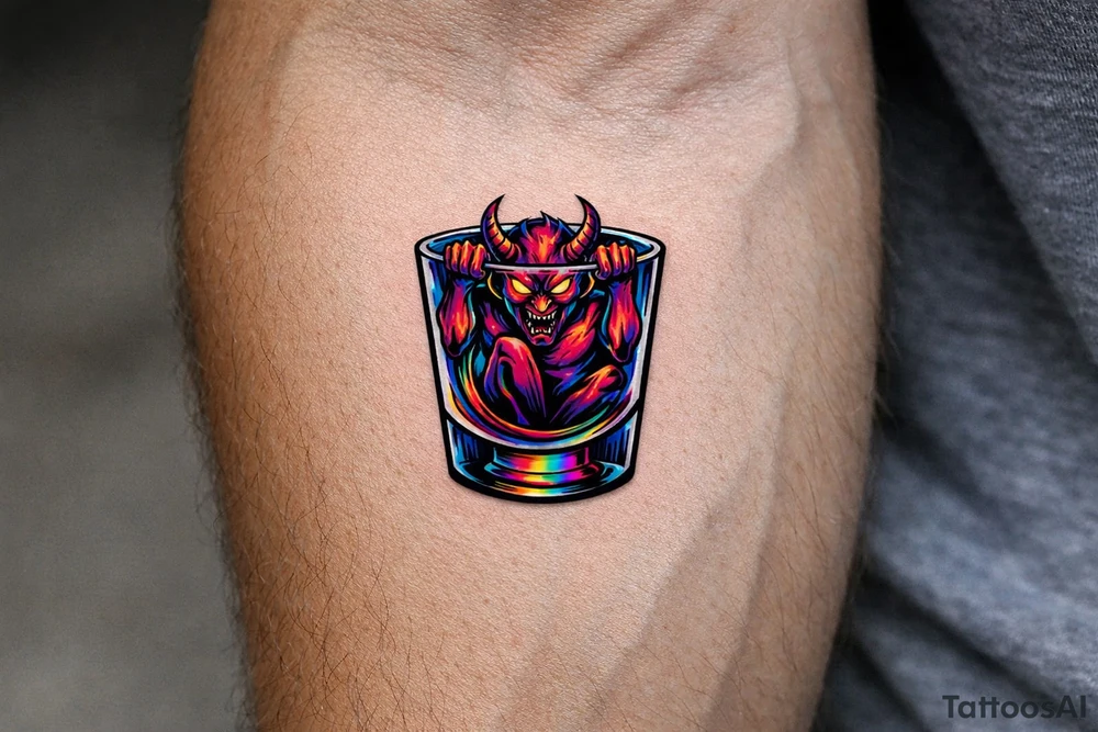 Silhouette of a demon trapped in a minimalist shot glass, sharp lines. tattoo idea
