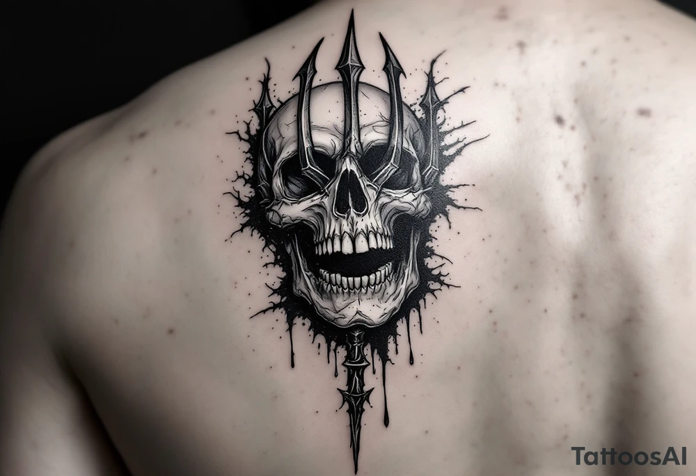 laughing skeleton face behind trident tattoo idea