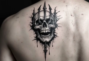 laughing skeleton face behind trident tattoo idea
