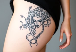 Big headed Medusa flowers snakes tattoo idea