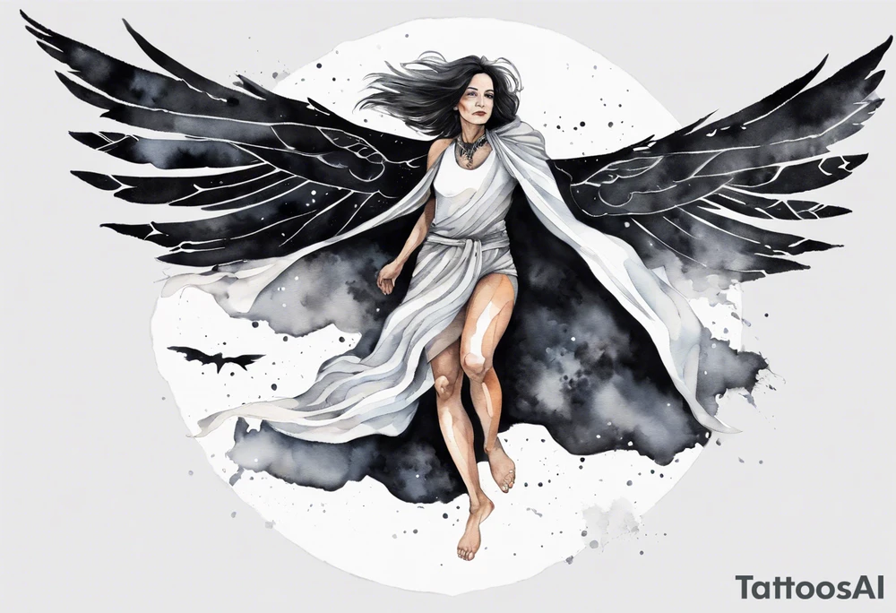 a beautiful 45 year old woman flying in the night sky with black wings, wearing a black and white cloak, bare feet tattoo idea