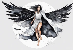 a beautiful 45 year old woman flying in the night sky with black wings, wearing a black and white cloak, bare feet tattoo idea