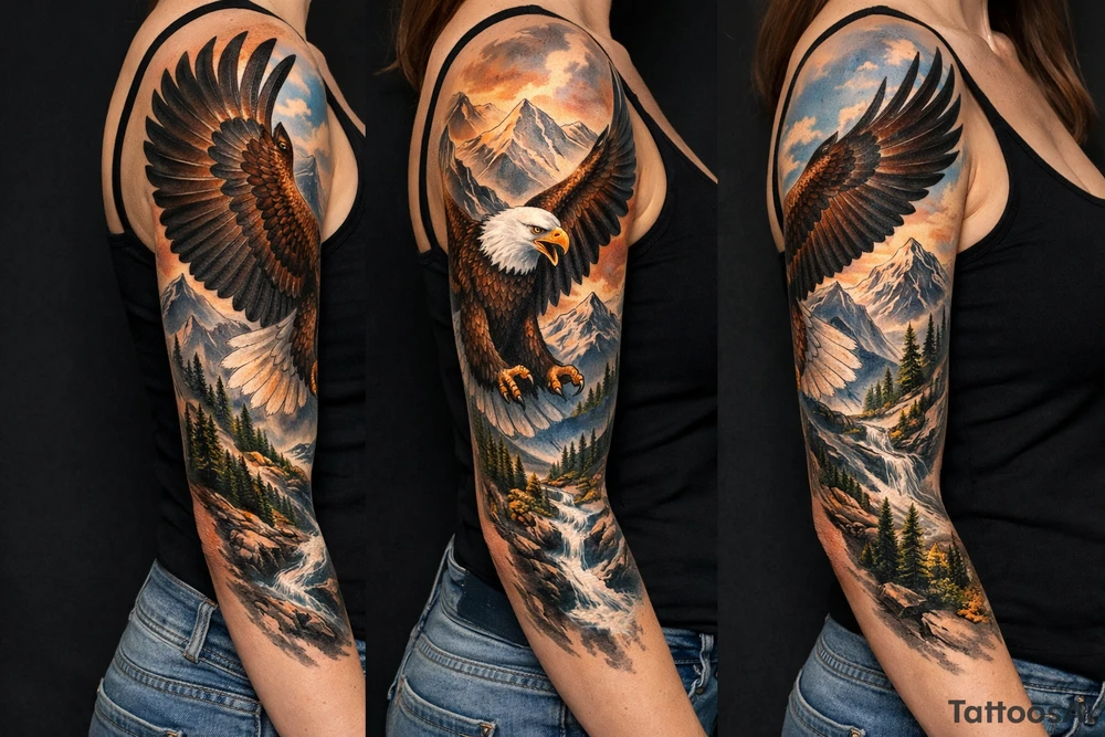 majestic eagle spreading wings against mountain peaks tattoo idea