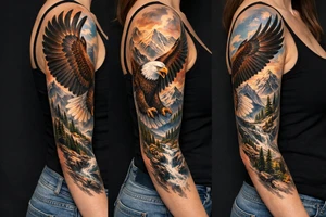 majestic eagle spreading wings against mountain peaks tattoo idea