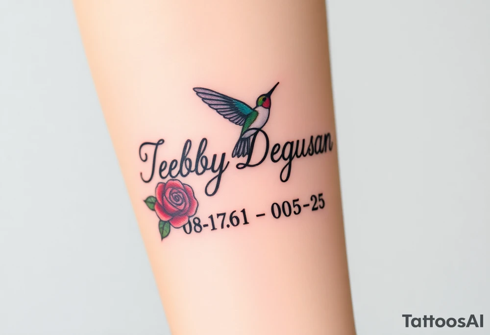 Cursive name Debby Deguzman surrounded by a hummingbird a rose and these dates 08-17-61 to 05-29-25 tattoo idea