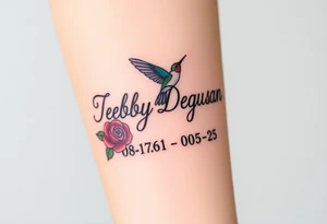 Cursive name Debby Deguzman surrounded by a hummingbird a rose and these dates 08-17-61 to 05-29-25 tattoo idea