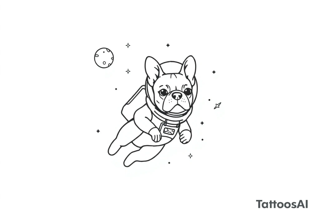 a space themed tattoo of my french bulldog mars. include elements in space like planets and stars. mars should be depicted as a astronaut in a spaceship flying through space tattoo idea
