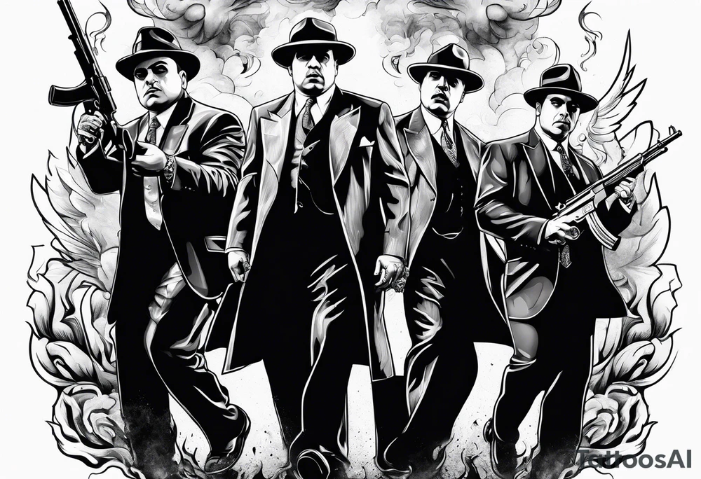 group of gangsters including Al Capone with machine guns surrounded by smoke and fire tattoo idea