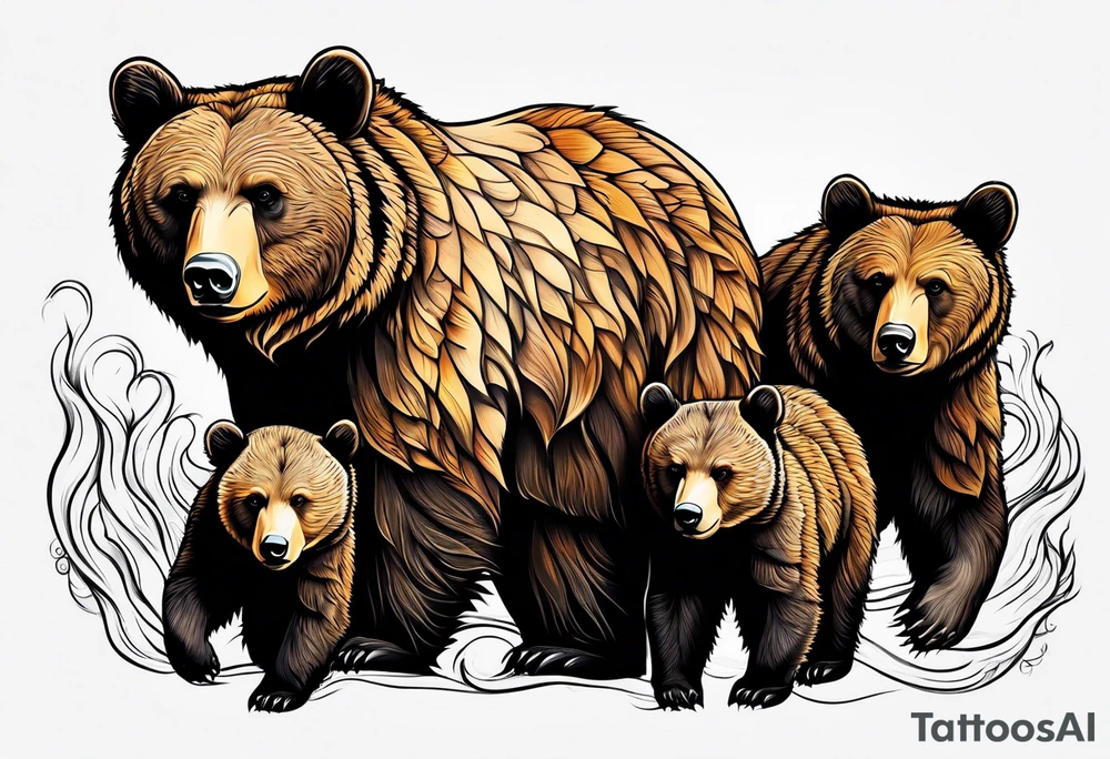 momma bear with 3 cubs tattoo idea