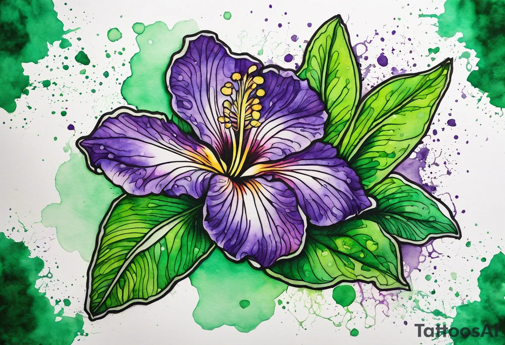 A mystical outline of a rio dipladenia flower and a green/purple watercolor splatter in the background tattoo idea