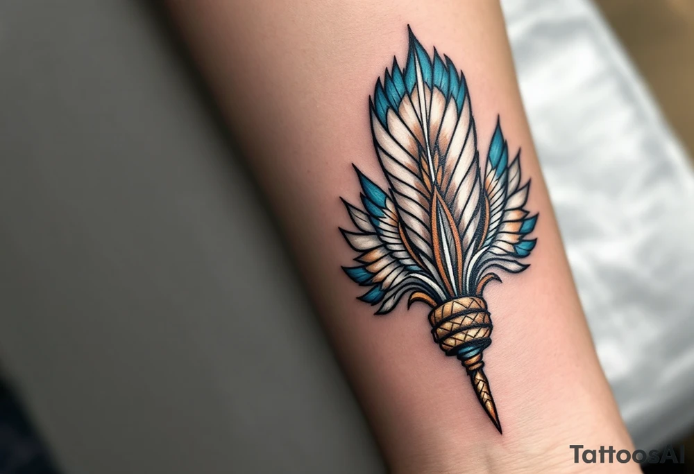 A tribal feather fan in brown, white, and turquoise, held together by leather bindings. tattoo idea