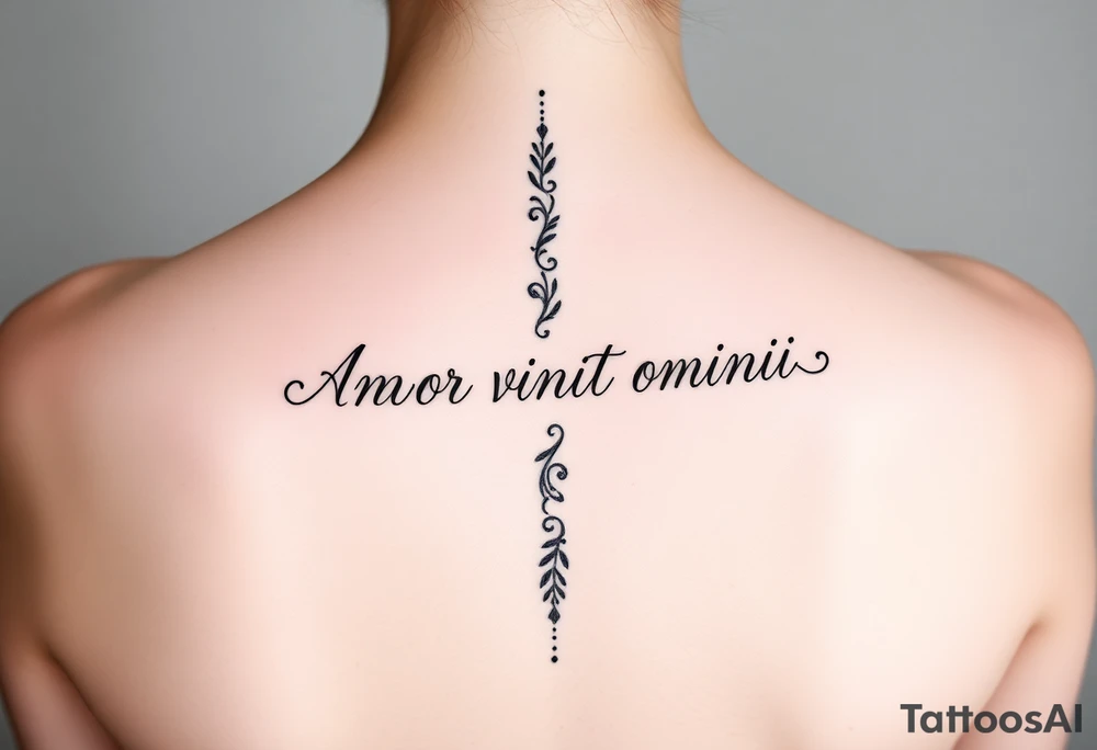 Amor vincit omnia vertically down the middle of the spine in script tattoo idea