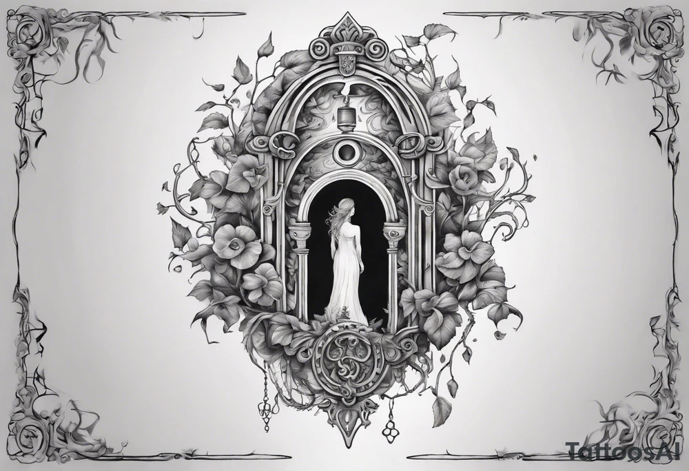 an intricate keyhole surrounded by elements like vines, and Inside the keyhole, incorporate personal symbols or imagery that hold significance to the individual. tattoo idea
