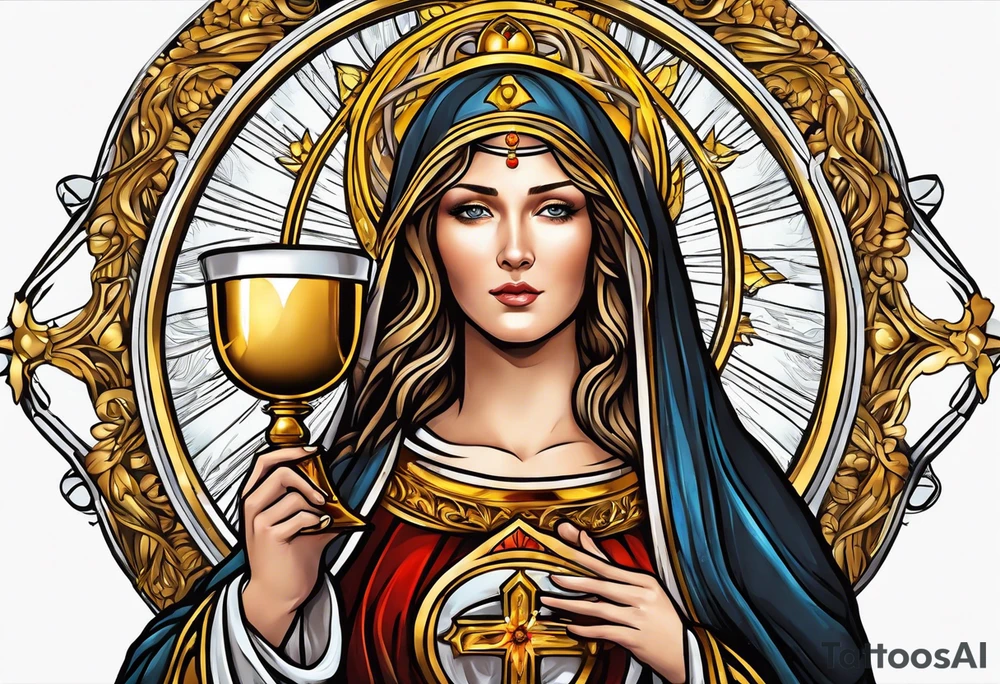 holy saint woman with golden halo holding a chalice tattoo idea