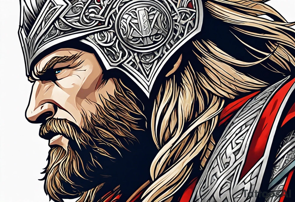 Thor with him holding mjolnir and a vignette of viking rune design tattoo idea