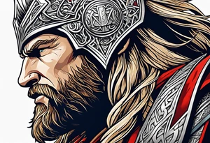 Thor with him holding mjolnir and a vignette of viking rune design tattoo idea