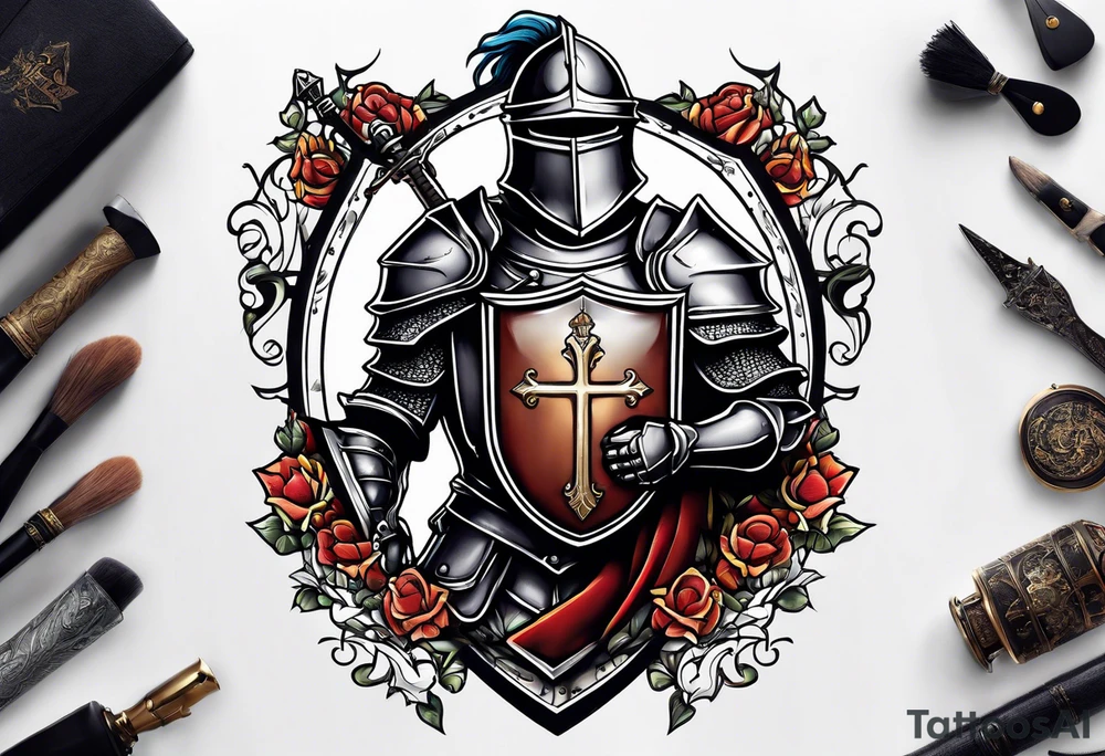 a knight with a bible on his shield tattoo idea