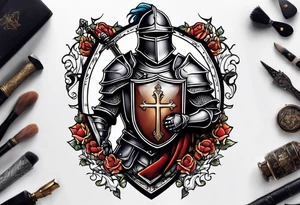 a knight with a bible on his shield tattoo idea