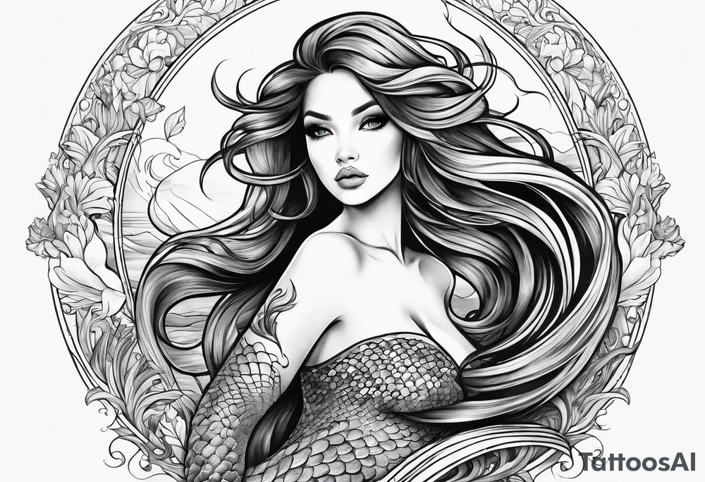mystical 
 mermaid with long 
flowing tail and hair, tattoo sleeve tattoo idea