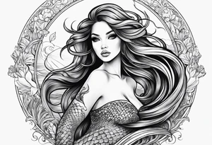 mystical 
 mermaid with long 
flowing tail and hair, tattoo sleeve tattoo idea