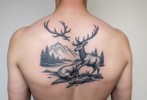 Quarter sleeve arm tattoo Black and grey realism Nature scene with two stags fighting in the foreground include mountains water and trees tattoo idea