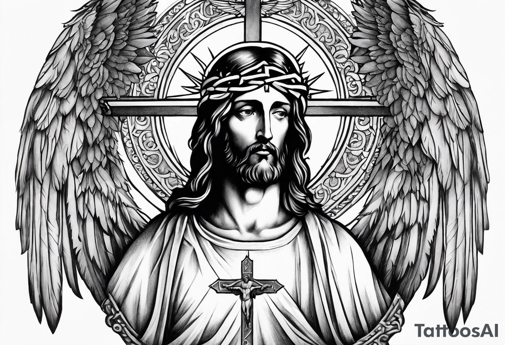jesus on a cross surround by angel wings tattoo idea