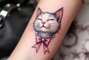 A soft white-and-pink cat with pink bow tattoo brings Marie’s elegance from The Aristocats to life. tattoo idea