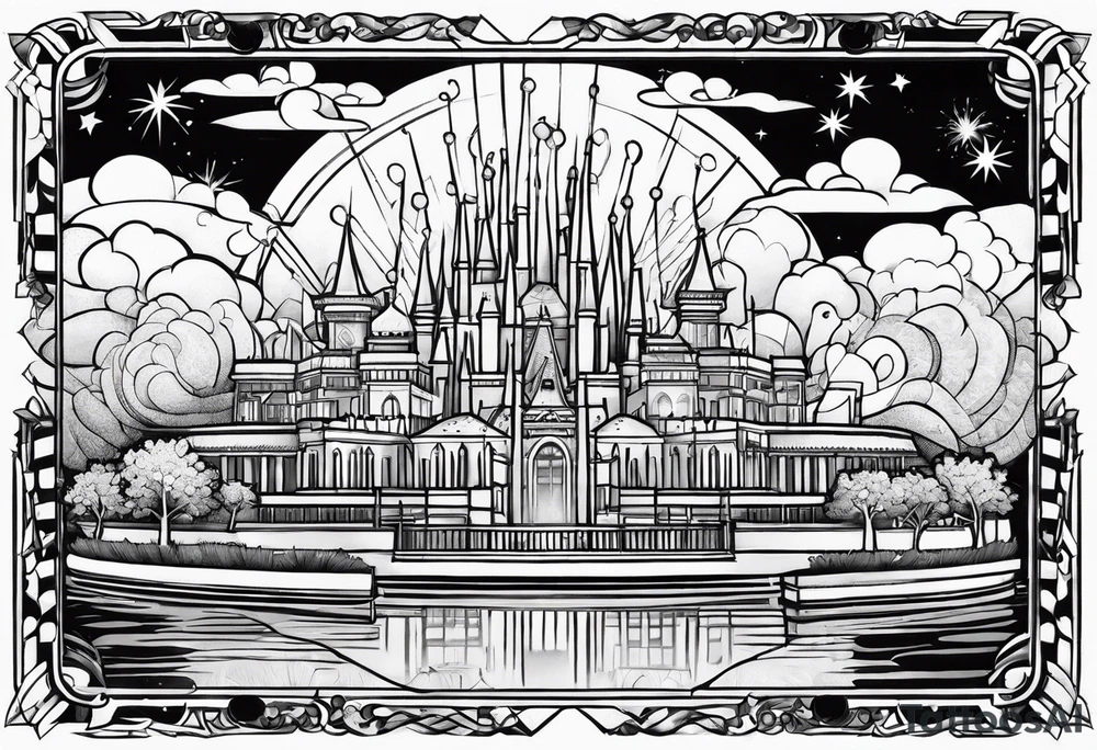 Epcot world showcase with fireworks in a rectangle shape tattoo idea