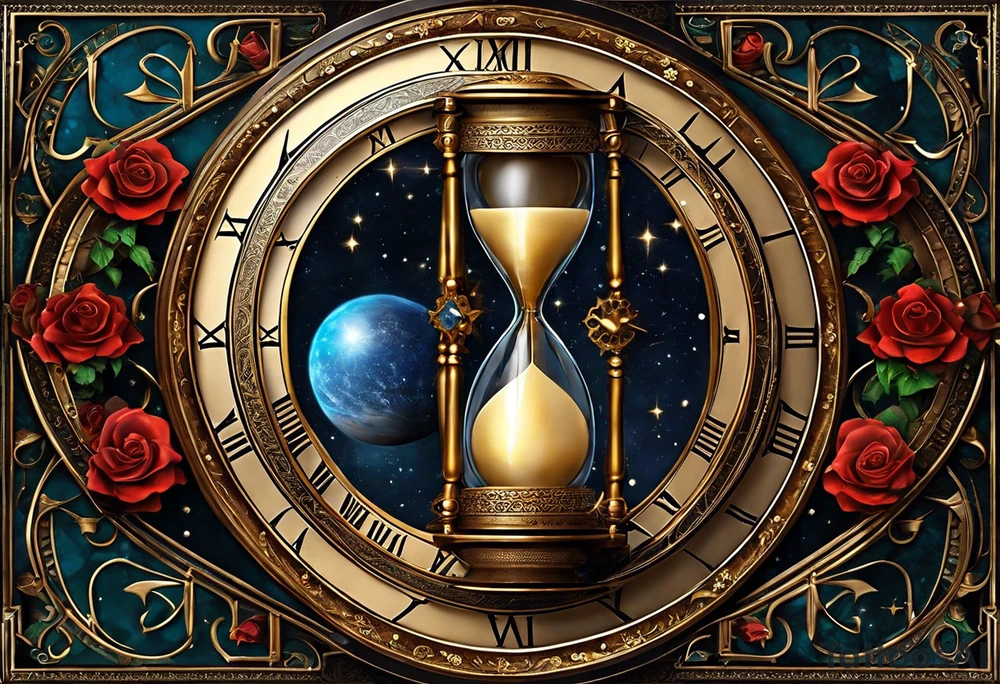 "I want a design featuring a detailed hourglass with a hand clock in the center, where the numbers on the clock are Amazigh numerals. The hourglass and clock should be intertwined with thorny roses, their vines wrapping around the glass. Additionally, planets and stars should orbit around the hourglass, blending both natural and cosmic elements. The roses' thorns should appear sharp and intricate, while the planets give a sense of movement and wonder. The design should be symbolic, representing the flow of time, the universe, and nature, all in harmony." tattoo idea