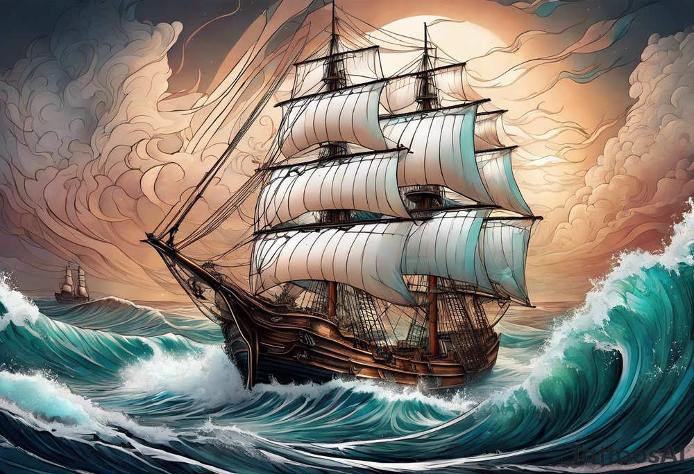 Sailing ship in storm with waves of hair from beautiful mermaids tattoo idea