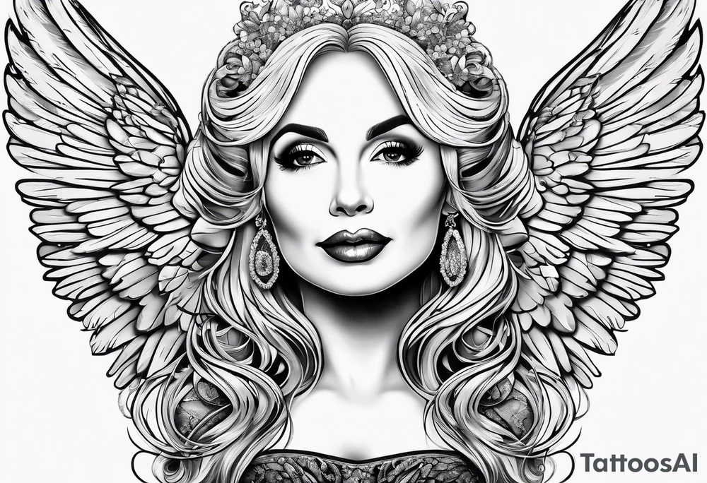 An angelic tattoo featuring Dolly Parton, an acorn, wings tattoo idea