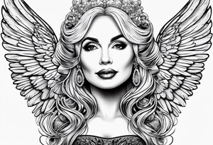 An angelic tattoo featuring Dolly Parton, an acorn, wings tattoo idea