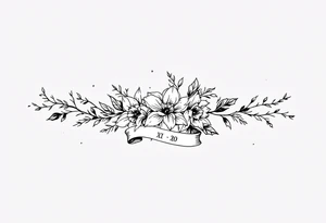 narcissus flowers, daffodils and holly. at the base and top of the sleeve are banners with roman numerals across for 2 different dates tattoo idea