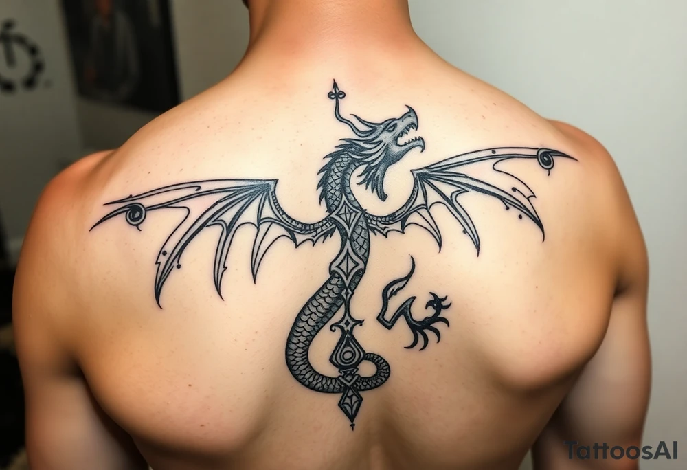 A symbolic back tattoo featuring a creative mystic tribal-style dragon, incorporating Amazigh (Berber) symbols for strength, freedom, and identity. The design should reflect themes of transformation, grounding, and soul direction, resonating with a journey of inner rebirth and spiritual embodiment. Style: fine linework, sacred geometry, tribal influence, and dotwork. Ink: black or dark brown. tattoo idea