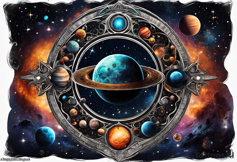 A tattoo featuring a cosmic scene with planets, black holes, and supernovae intertwined with intricate linguistic symbols, reflecting the client's interests in cosmology and linguistics. tattoo idea