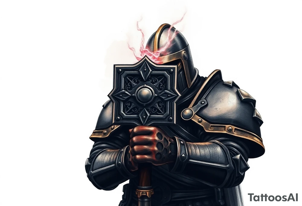 Warhammer, the Old World. A warrior priest of Sigmar holding The Warhammer of Sigmar. The Warhammer of Sigmar is radiating thunderous energy. The Warhammer is held by the warrior priest with both hands upon his chest level. The Warrior priest is wearing dark alloyed heavy armour (reference armor from warhammer vermintide 2 Victor Saltzpyres, the warrior priest of Sigmar class) with skull sigils on his shoulder pads. The warrior priest is wearing a helmet, while the helmets front visor has an humanoid face covering. The helmet and armour are gladened with hints of gold and crimson red. tattoo idea