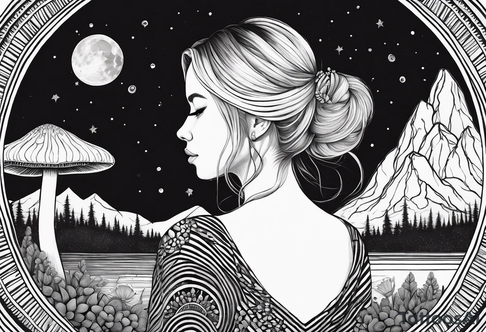 Straight blonde hair girl meditating facing away toward mountains surrounded by mushrooms crescent moon mandala circular design black and white striped dress tattoo idea